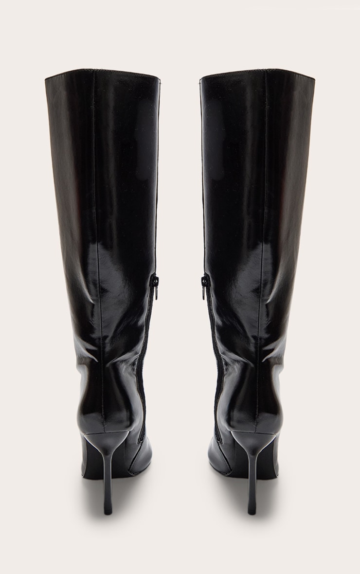 Black PU Point Toe Knee High Stiletto Heeled Boots image 2