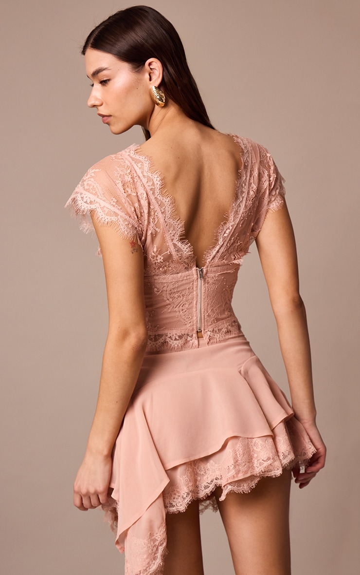 Apricot Chiffon Lined Lace Detail Plunge Top image 2