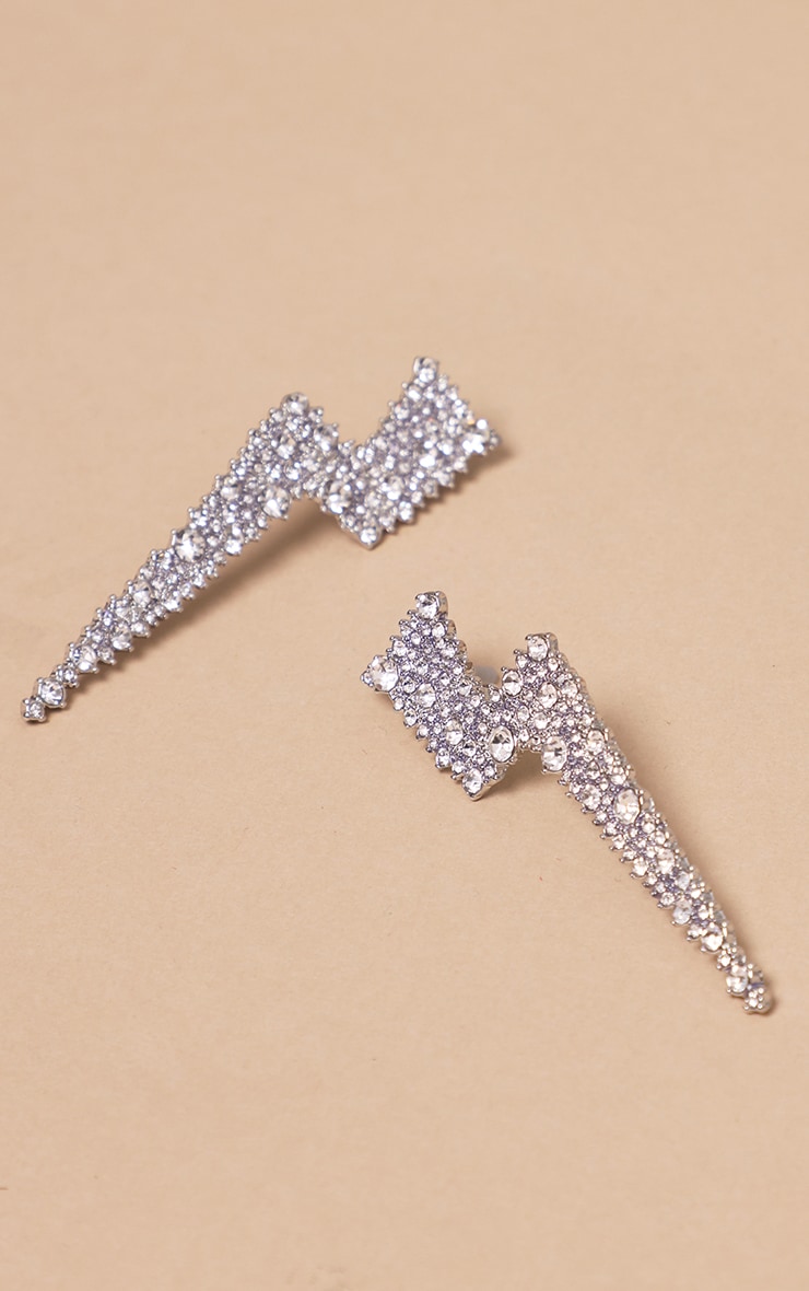 Silver Diamante Lightening Bolt Statement Earrings image 3