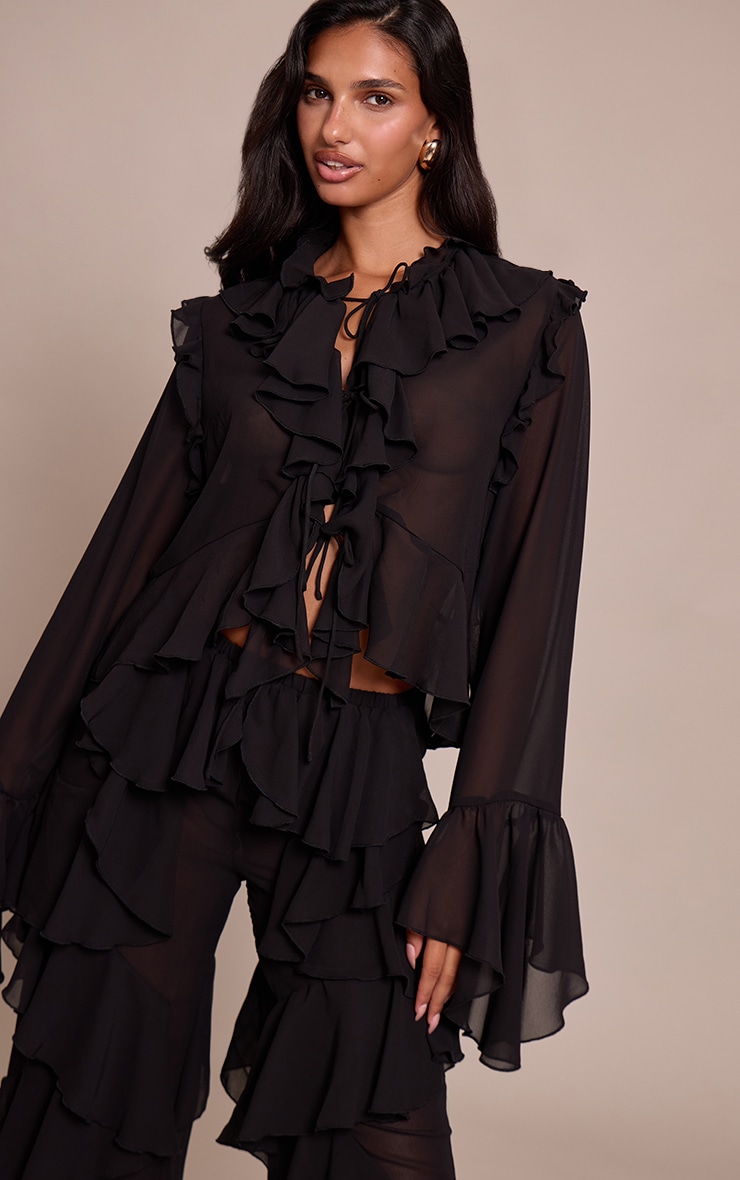 Black Chiffon Frill Long Sleeve Shirt image 1