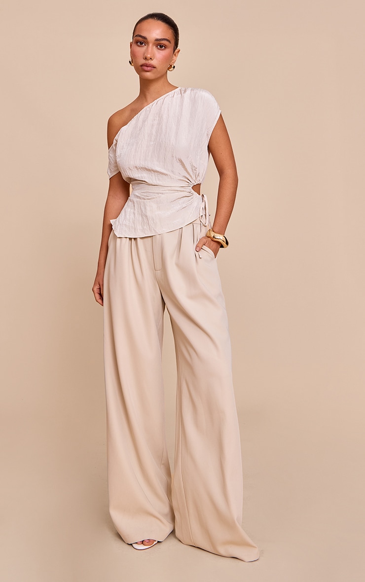 Beige Crinkle Matte Satin Cut Out Long Top image 3