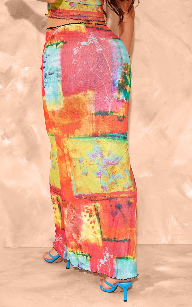 Bright Pink Floral Abstract Onion Skin Lettuce Hem Low Rise Maxi Skirt image 3