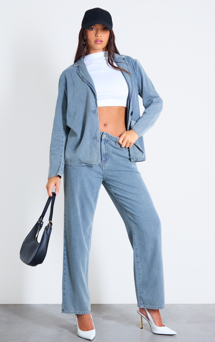 Blazer en jean léger délavé bleu oversize à fines rayures image 3