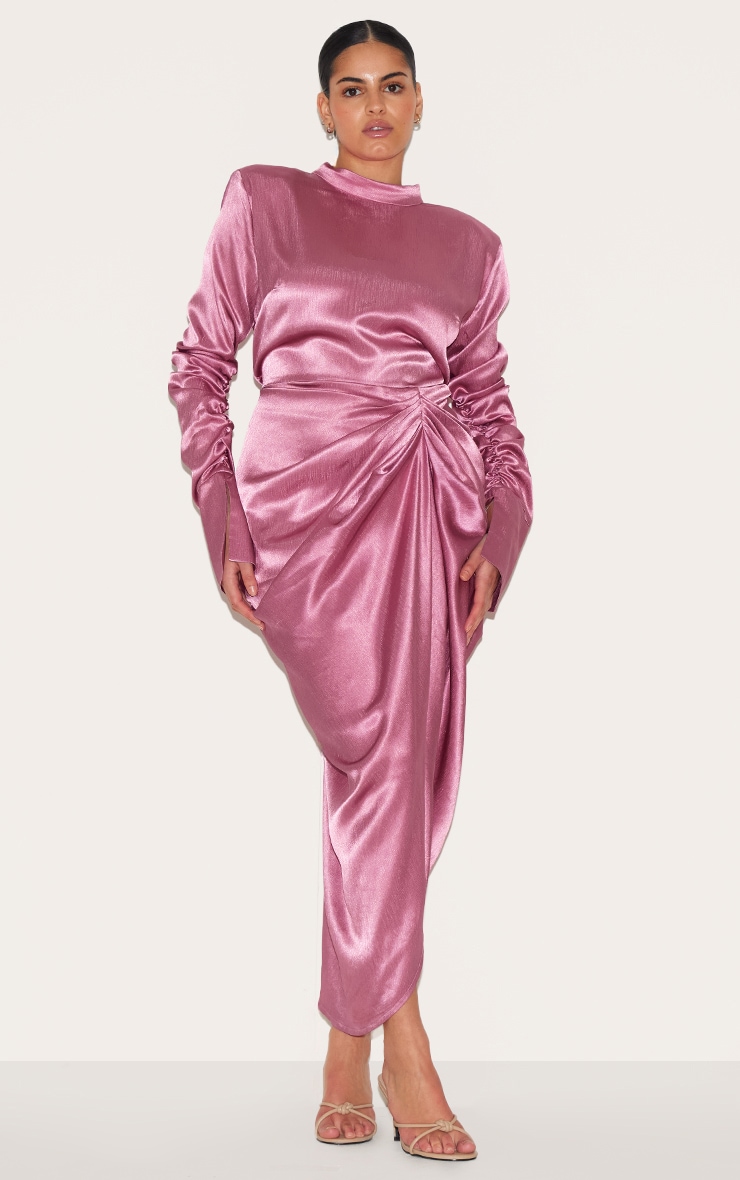 Plus Deep Rose High Neck Ruching Detail Satin Midi Dress image 1