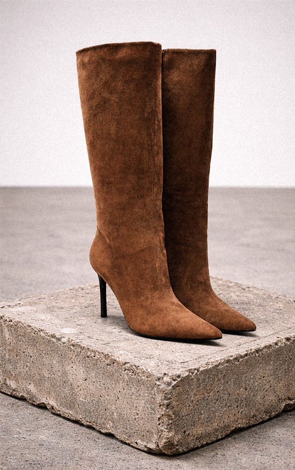 Chocolate Faux Suede Knee High Heeled Boot image 1