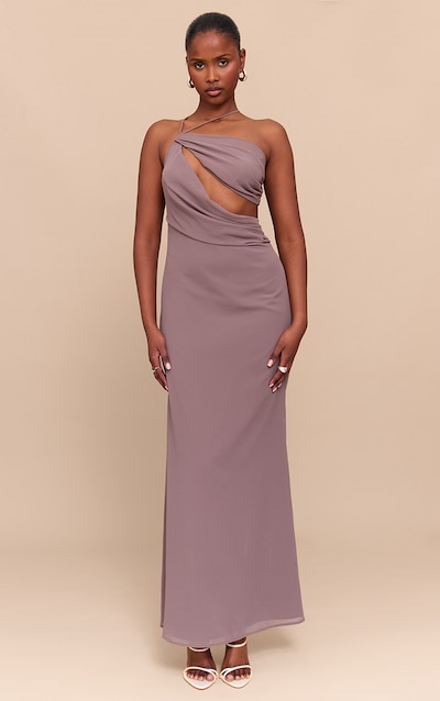 Mushroom Chiffon Cut Out Draped Maxi Dress