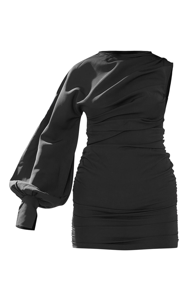 Black One Sleeve Ruched Woven Bodycon Dress image 5