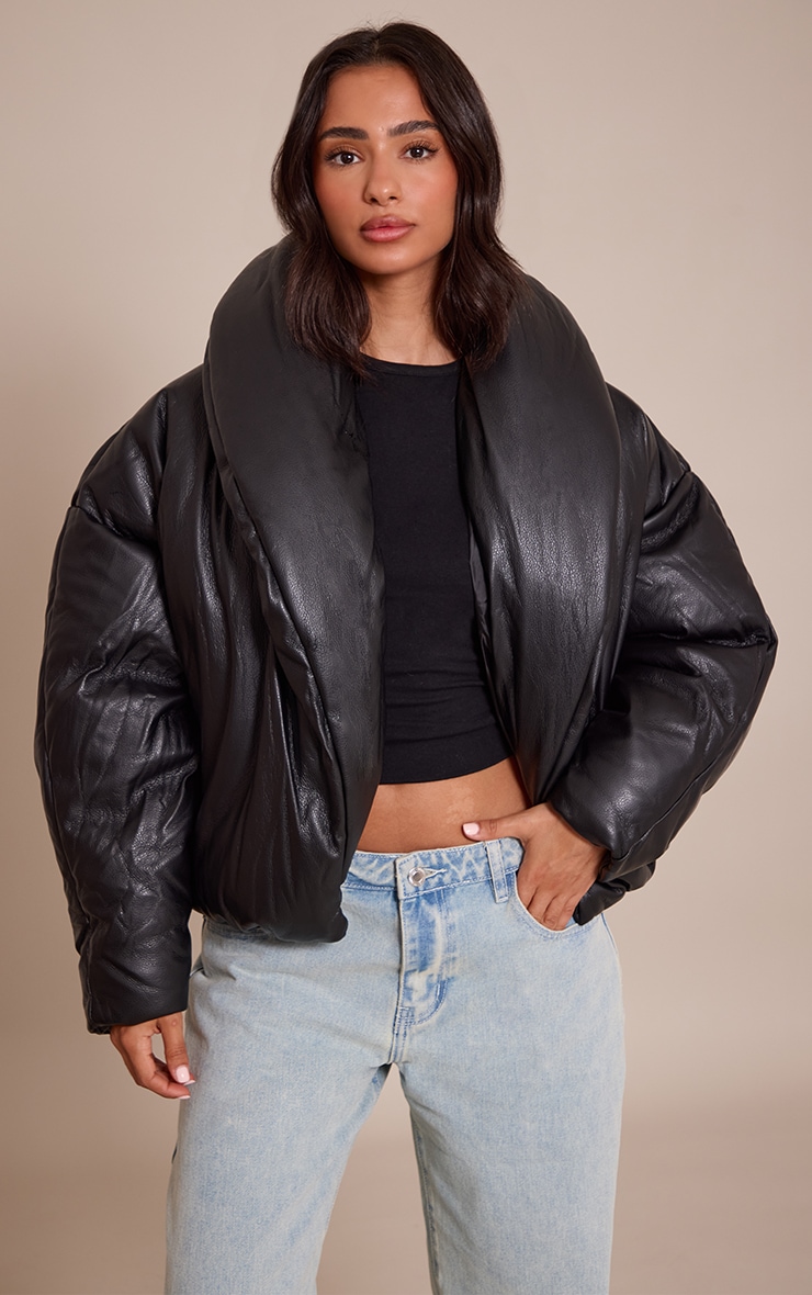 Petite Black Exaggerated Collar PU Puffer Coat image 1