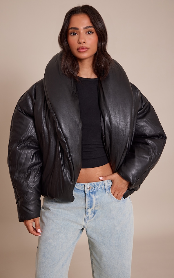 Petite Black Exaggerated Collar PU Puffer Coat
