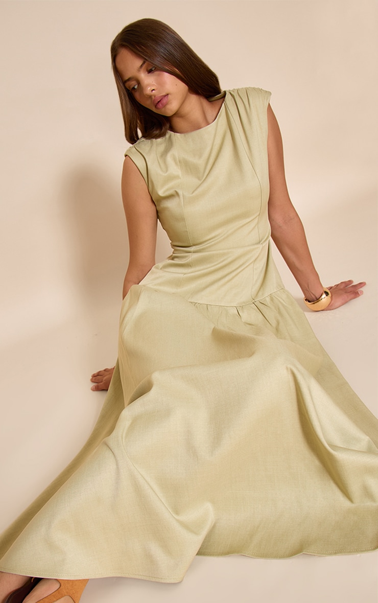 Sage Woven Boat Neck Dropped Waist Maxi Dress image 3
