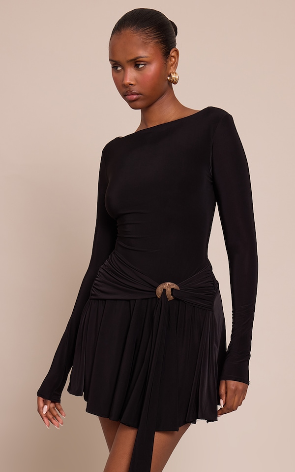 Black Slinky Trim Belt Detail Mini Shift Dress