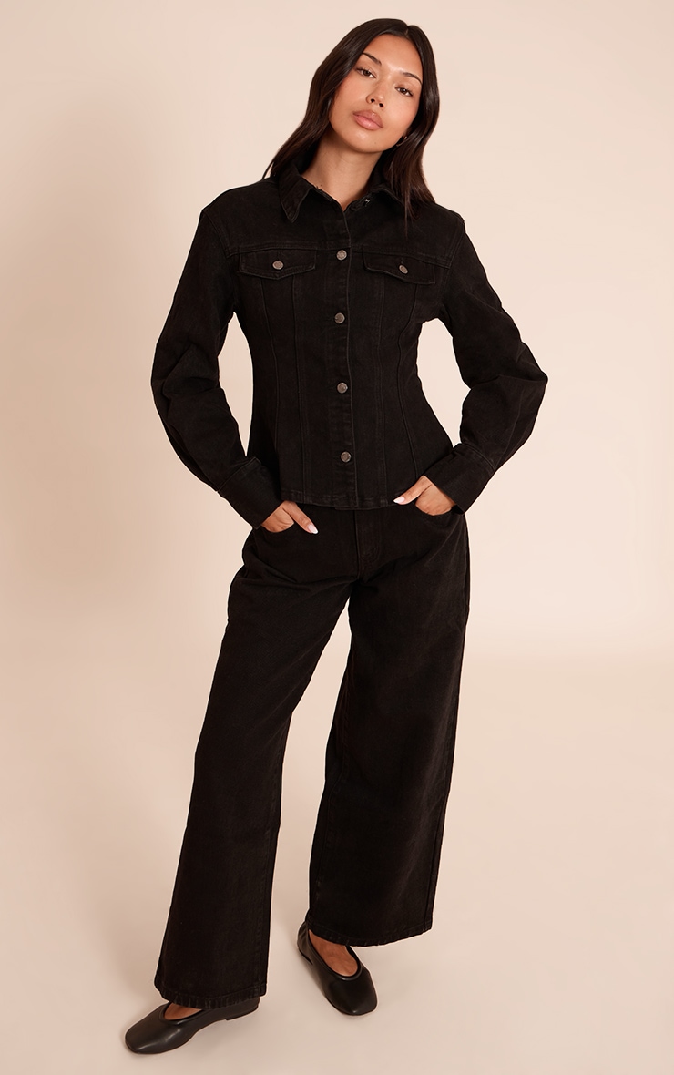 Washed Black Long Sleeve Cinch Waist Denim Jacket image 3