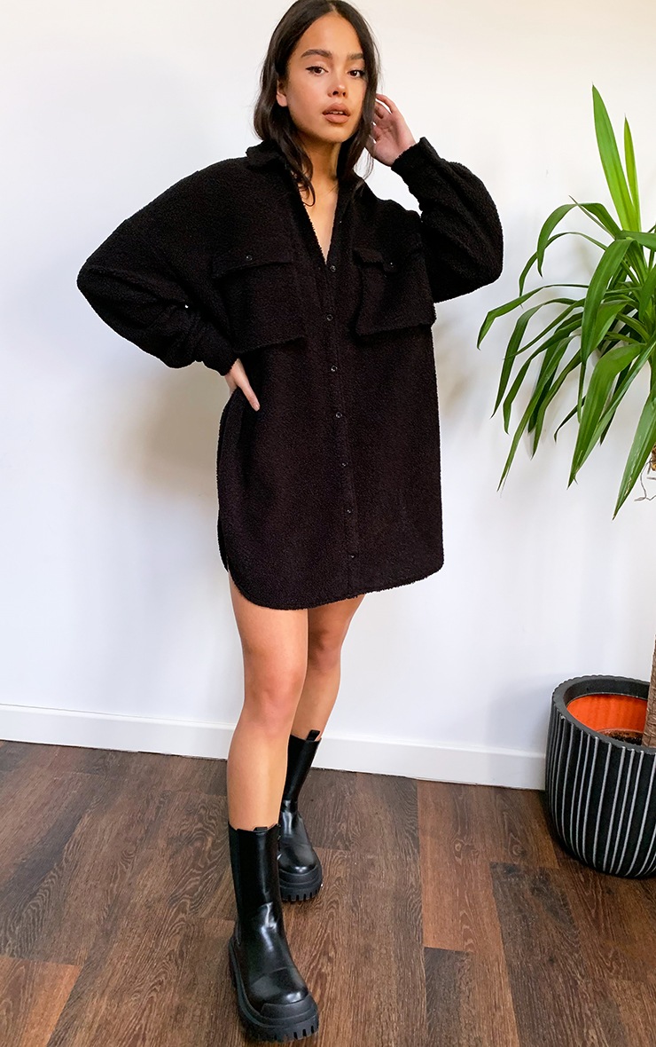 PRETTYLITTLETHING AW20 Black Borg Button Up Jumper Dress