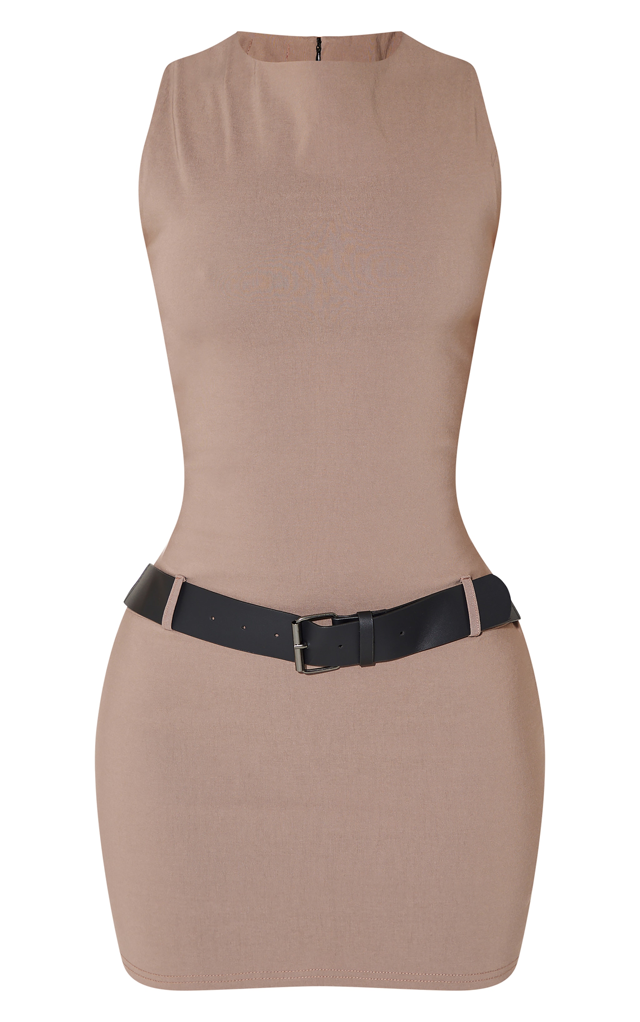 Petite Taupe Fitted Bengaline Belt Detail Mini Dress image 5