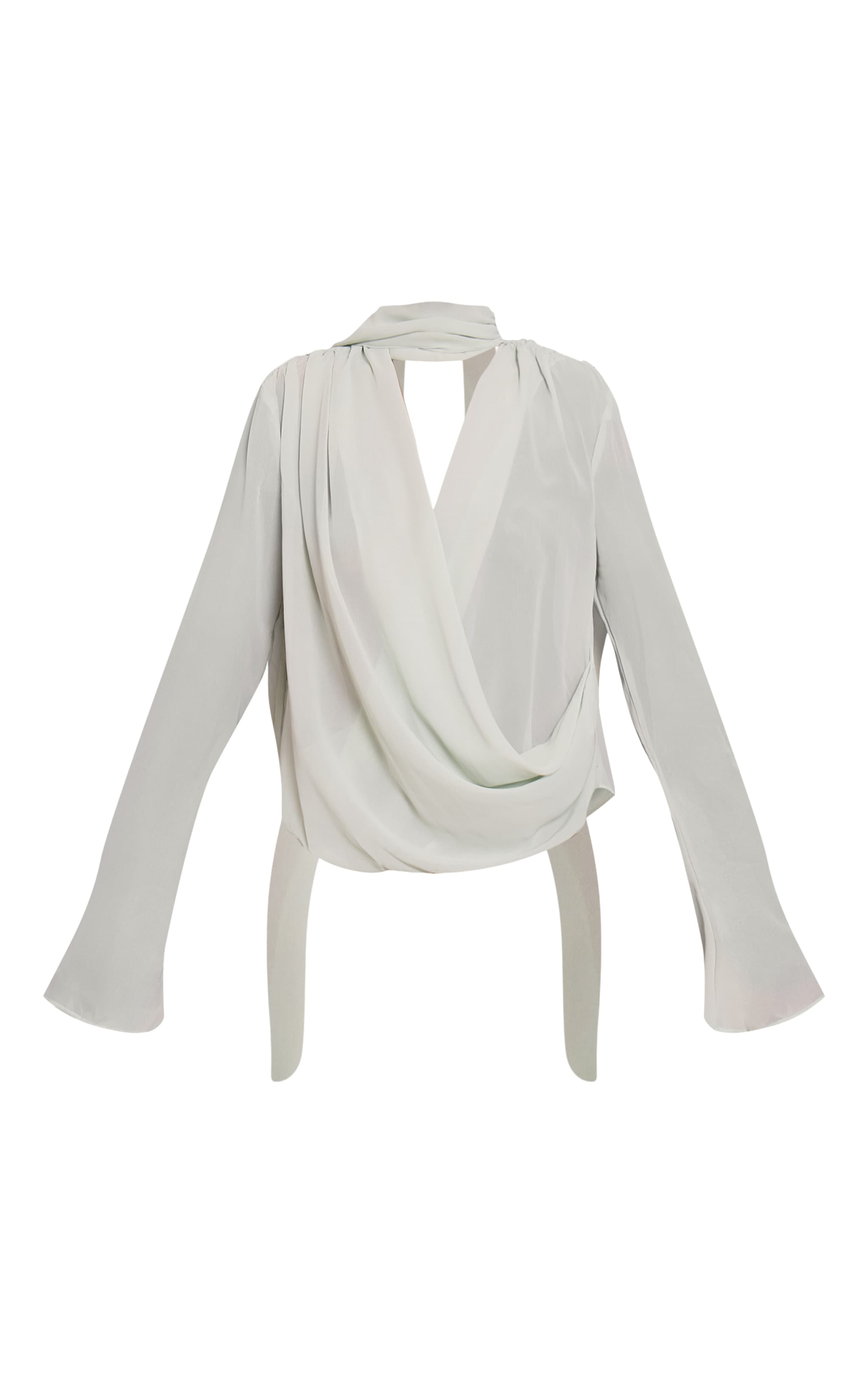 Dusty Blue Chiffon Scarf Detail Extreme Cowl Neck Blouse image 5