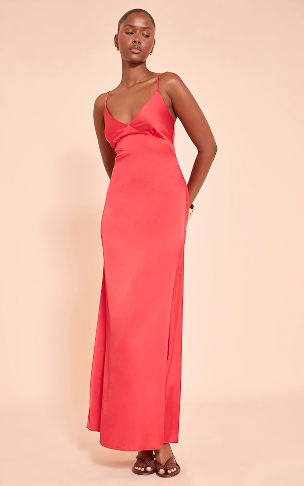 Red Satin Strappy Maxi Dress