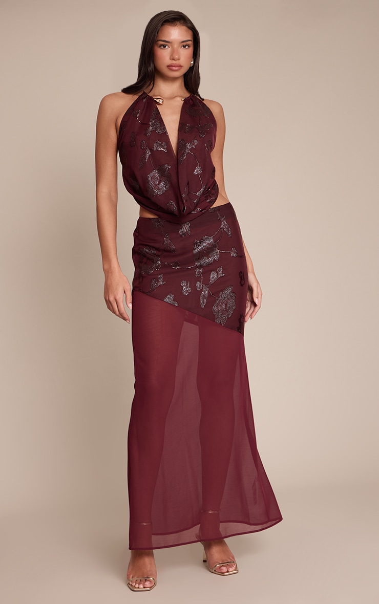 Wine Floral Glitter Chiffon Gold Halter Neck Trim Top  image 3