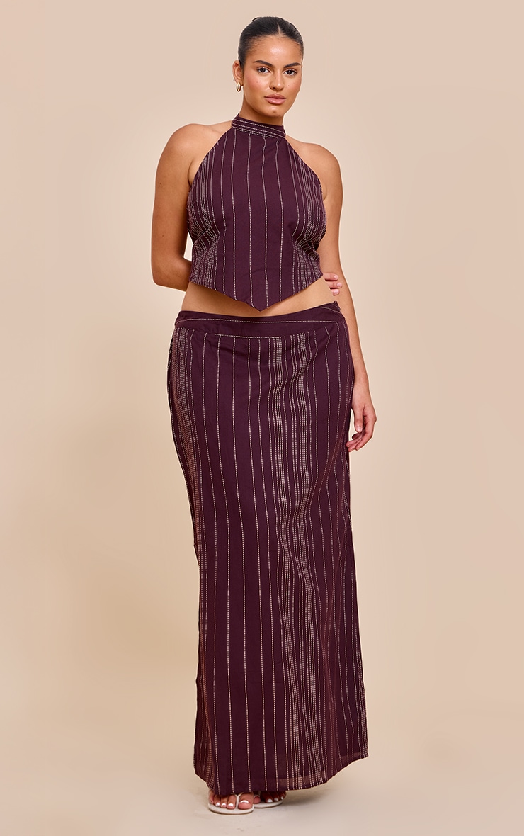 Plus Brown Stripe Embroidered Maxi Skirt image 1