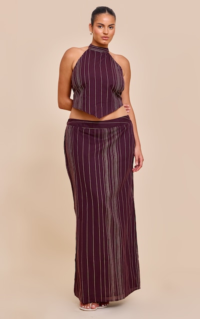 Plus Brown Stripe Embroidered Maxi Skirt