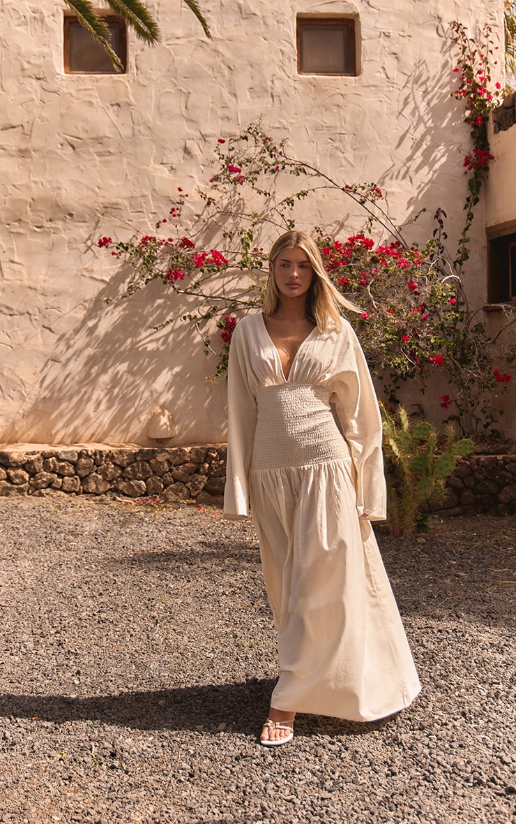 Cream Linen Look Shirred Waist Maxi Dress