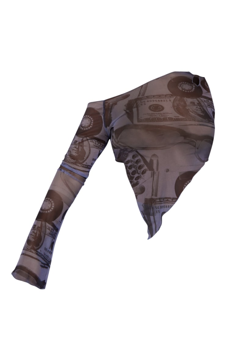 Grey Abstract Print Mesh One Shoulder Asymmetric Hem Top image 5