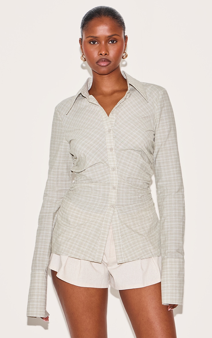 Green Check Fitted Ruched Side Shirt image 1