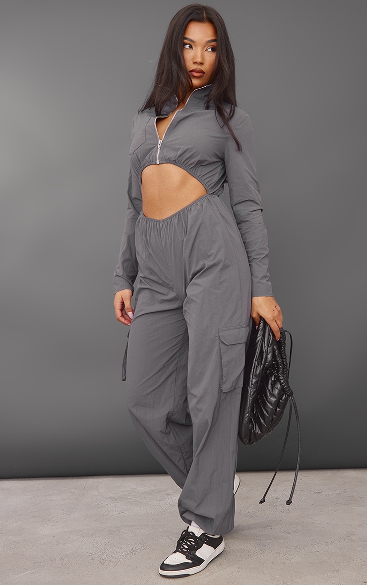 Charcoal Zip Detail Cut Out Utility Parachute Jumpsuit image 3