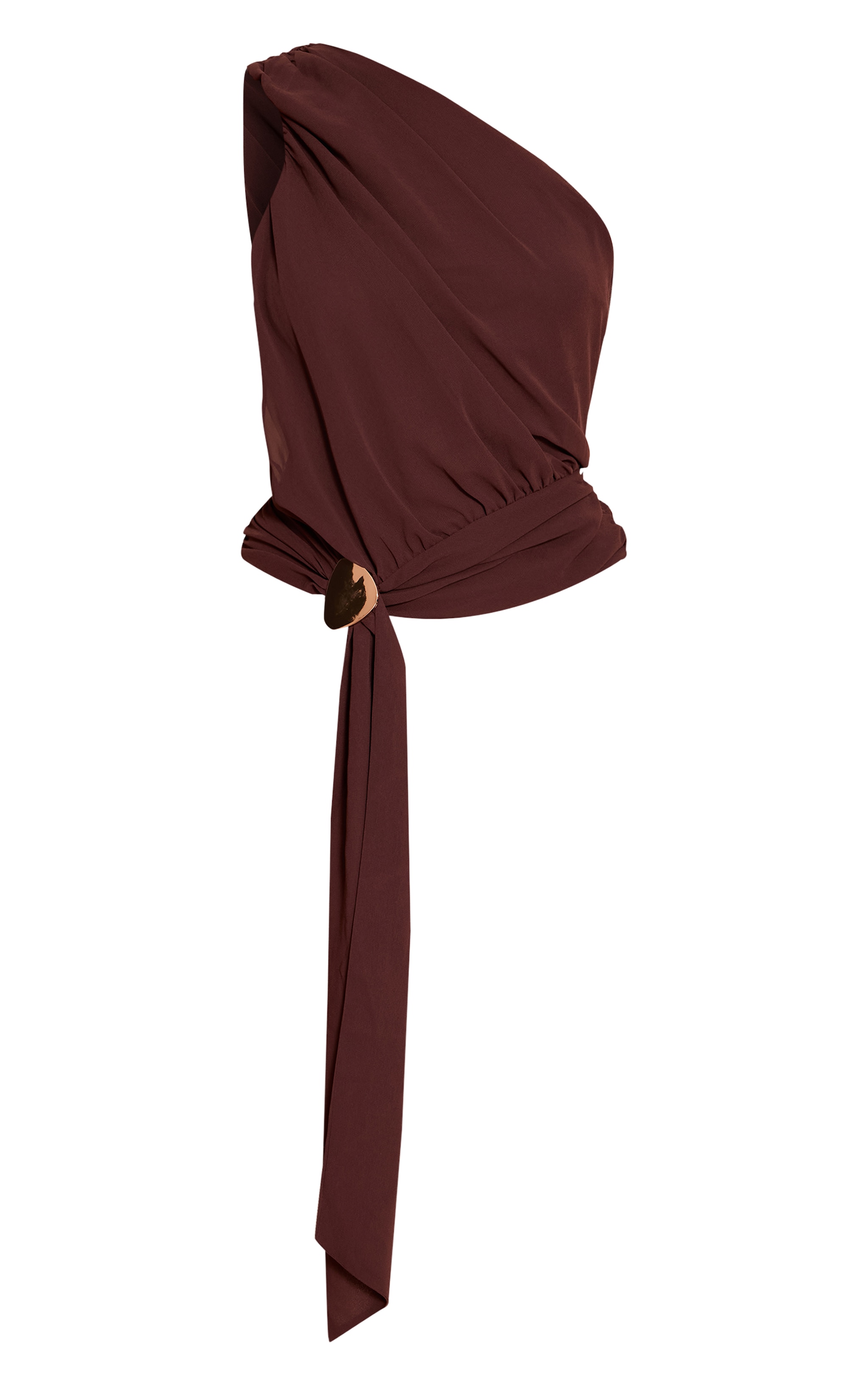 Chocolate Plum Chiffon One Shoulder Ruched Trim Drape Top image 5
