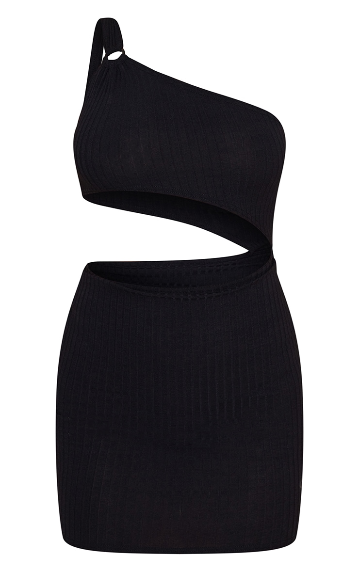 Black Ribbed One Shoulder Ring Detail Bodycon Dress image 5