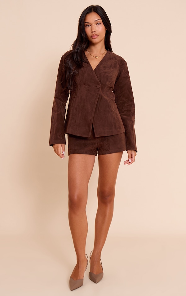 Dark Brown Structured Faux Suede Tailored Shorts