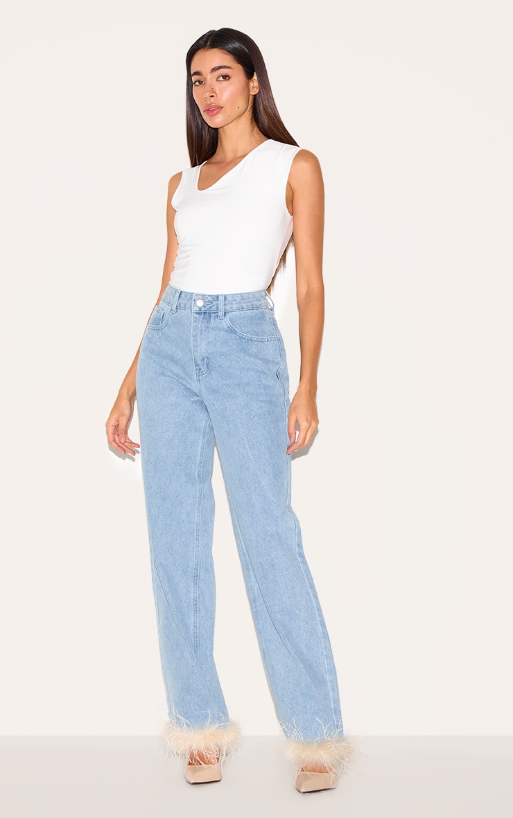 Blue Feather Trim Straight Leg Jeans image 2