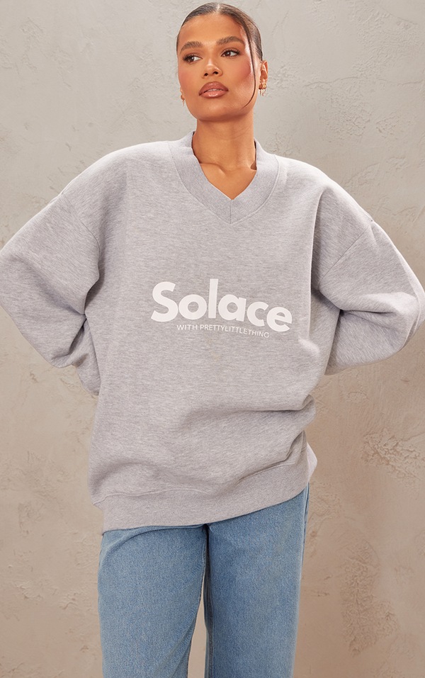 Grey Marl Solace Printed V Neck Sweatshirt | PrettyLittleThing