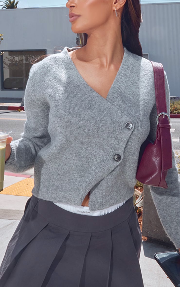 Grey Knit Asymmetric Button Cardigan image 4