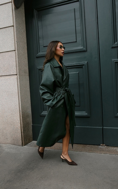 Forest Green Faux Leather Maxi Trench Coat