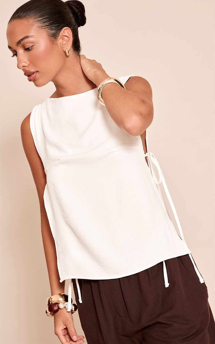 Cream Woven Tie Side Detail Long Top image 4