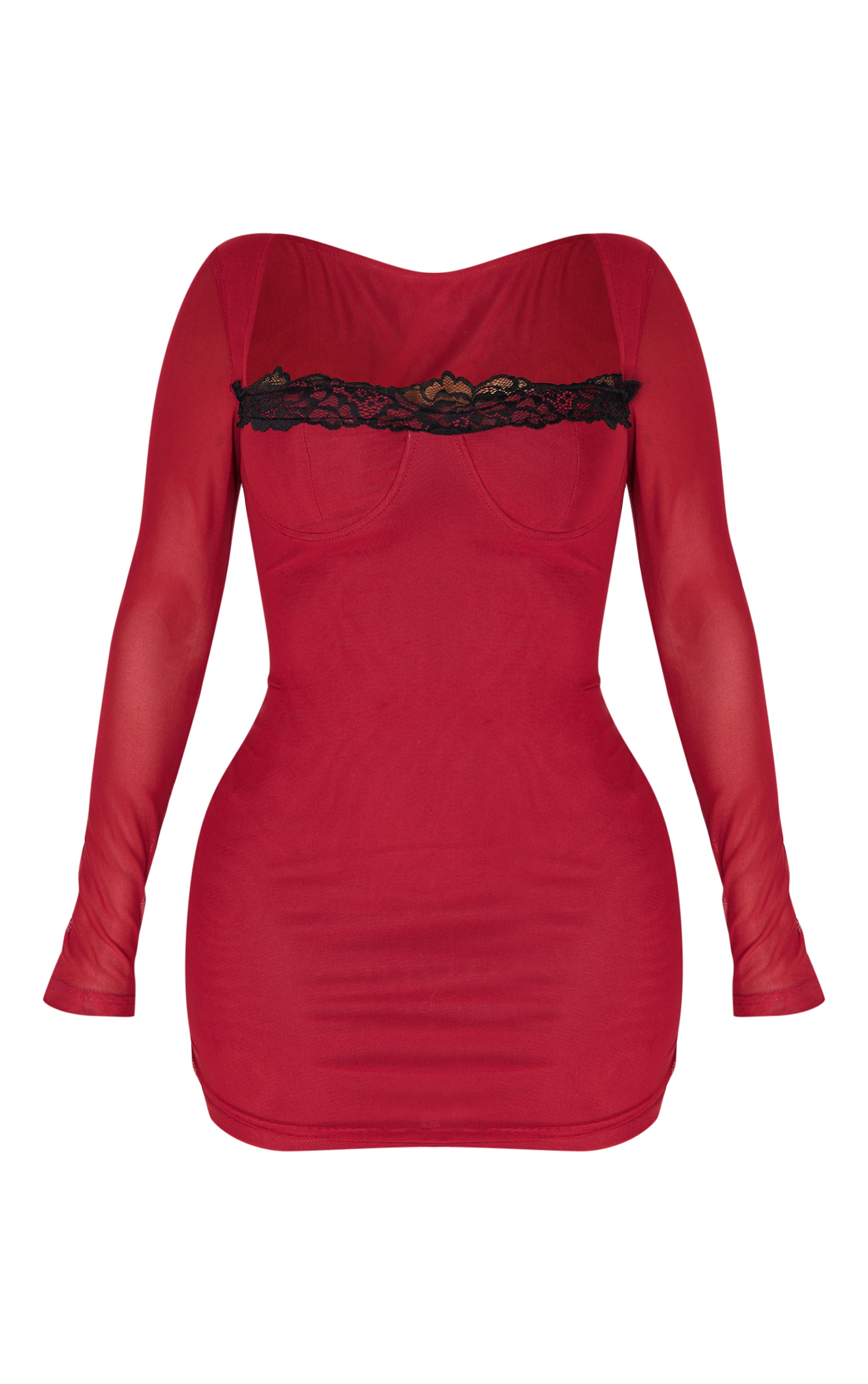 Shape Burgundy Mesh Underwired Lace Trim Long Sleeve Mini Dress image 5
