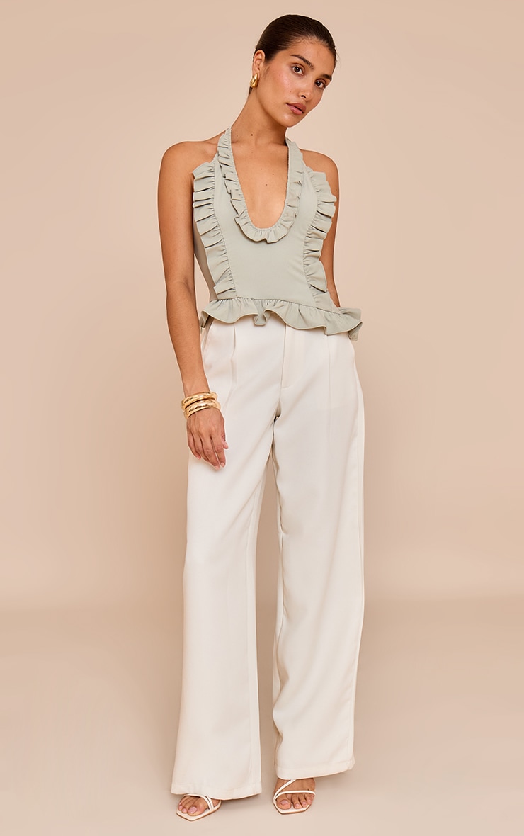 Petite Soft Olive Frill Halterneck Top image 3
