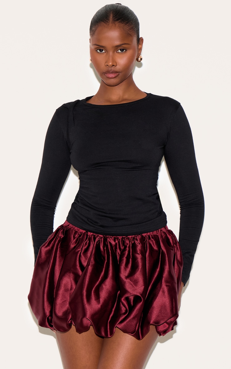 Wine Satin Elasticated Waistband Mini Puffball Skirt image 4