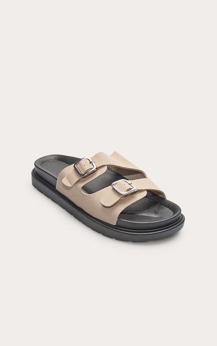 Beige Faux Suede Double Buckle Footbed Sandals image 2