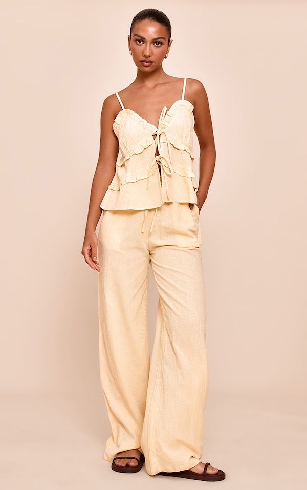 Butter Yellow Textured Mid Rise Wide Leg Pants