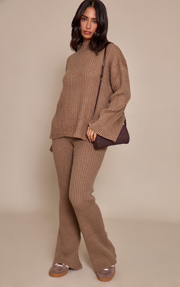 Petite Pantalon large en maille tricot côtelée café au lait