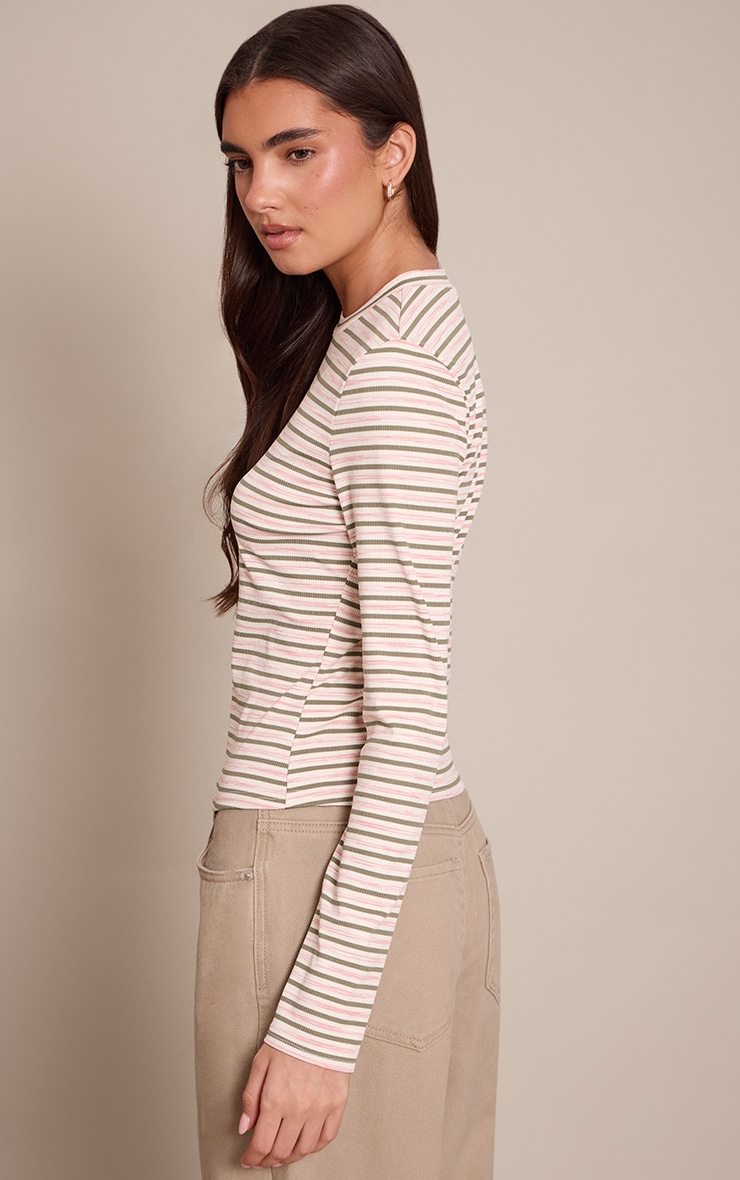 Khaki  Soft Rib Striped Detail  Fitted Long Sleeve Top  image 2