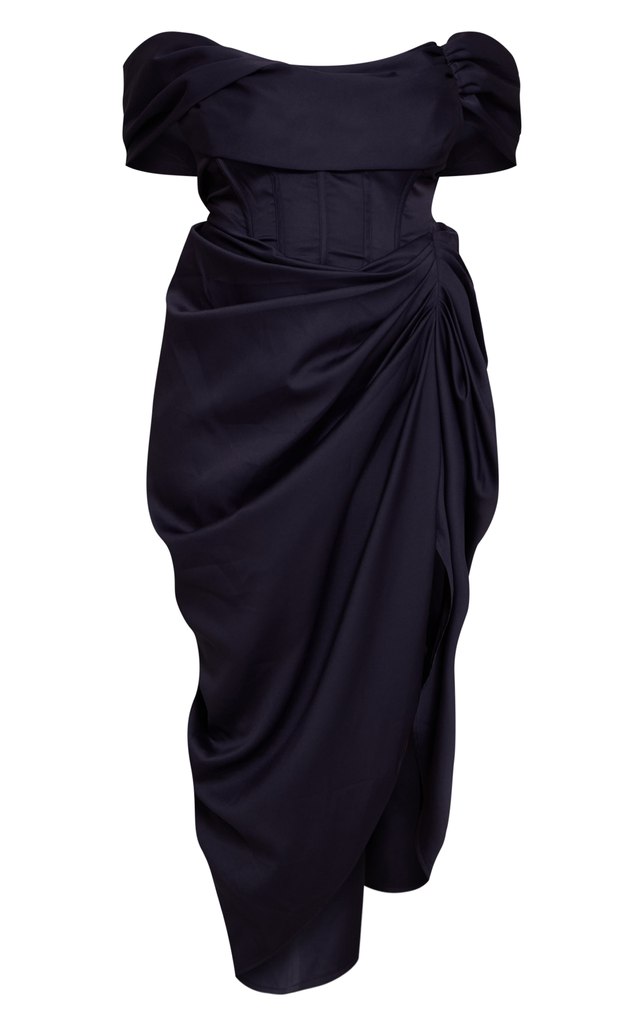 Plus Navy Corset Bardot Draped Midi Dress image 5