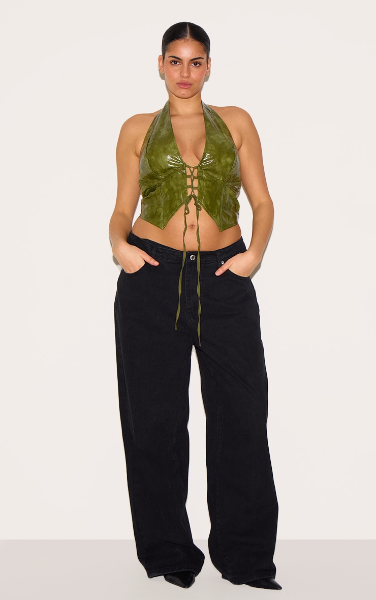 Plus Top en PU délavé vert olive lacé à décolleté et dos nu image 3