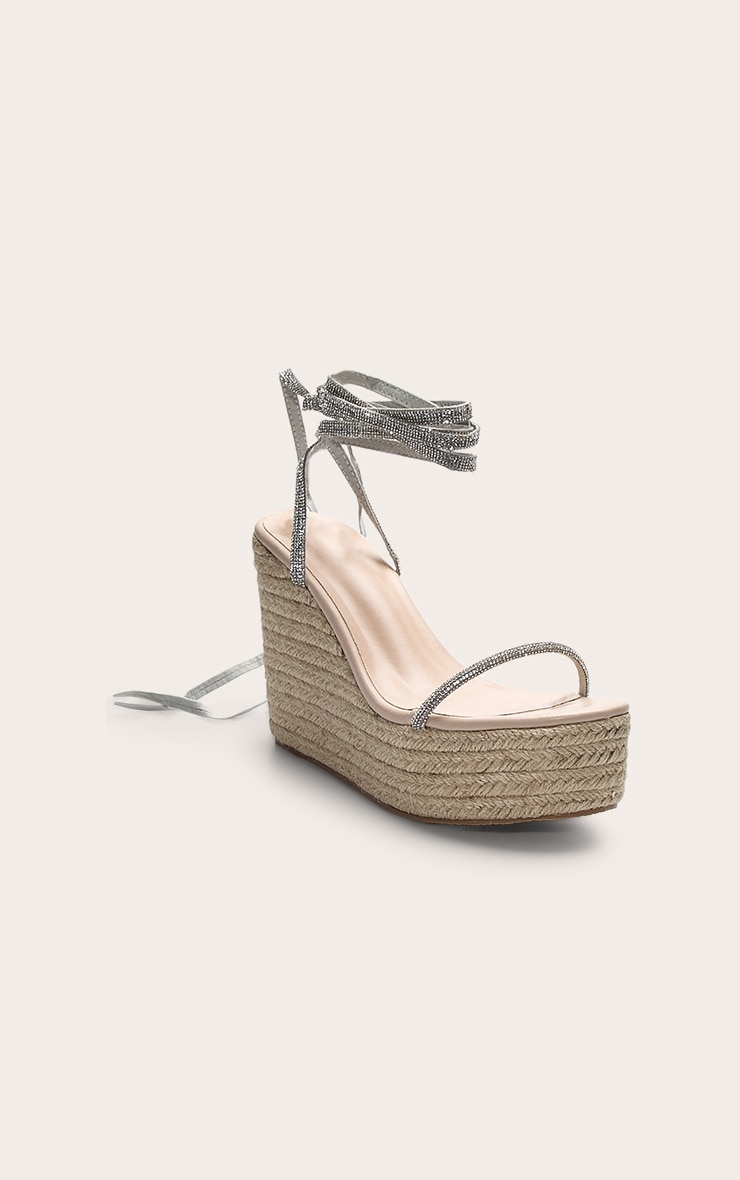 Silver Pu Round Toe Diamante Strappy Heeled Wedges image 3