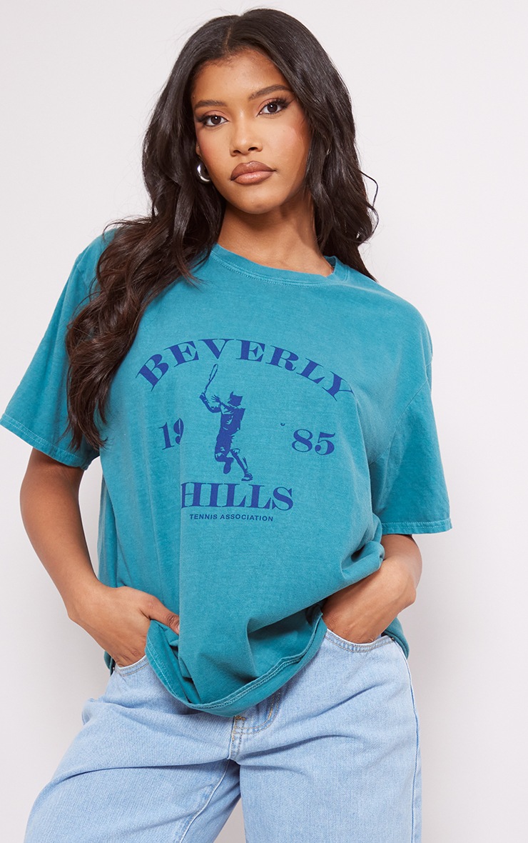 PRETTYLITTLETHING Teal Washed Beverley Hills Print T Shirt image 1