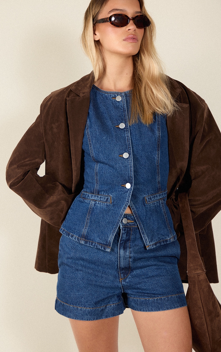 Dark Blue Round Neck Longline Denim Vest image 1