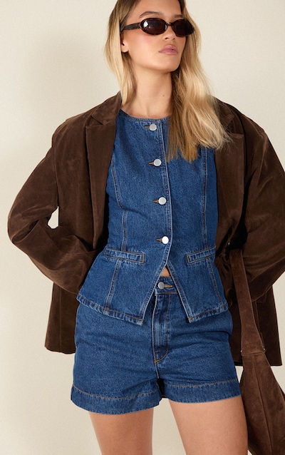 Dark Blue Round Neck Longline Denim Waistcoat