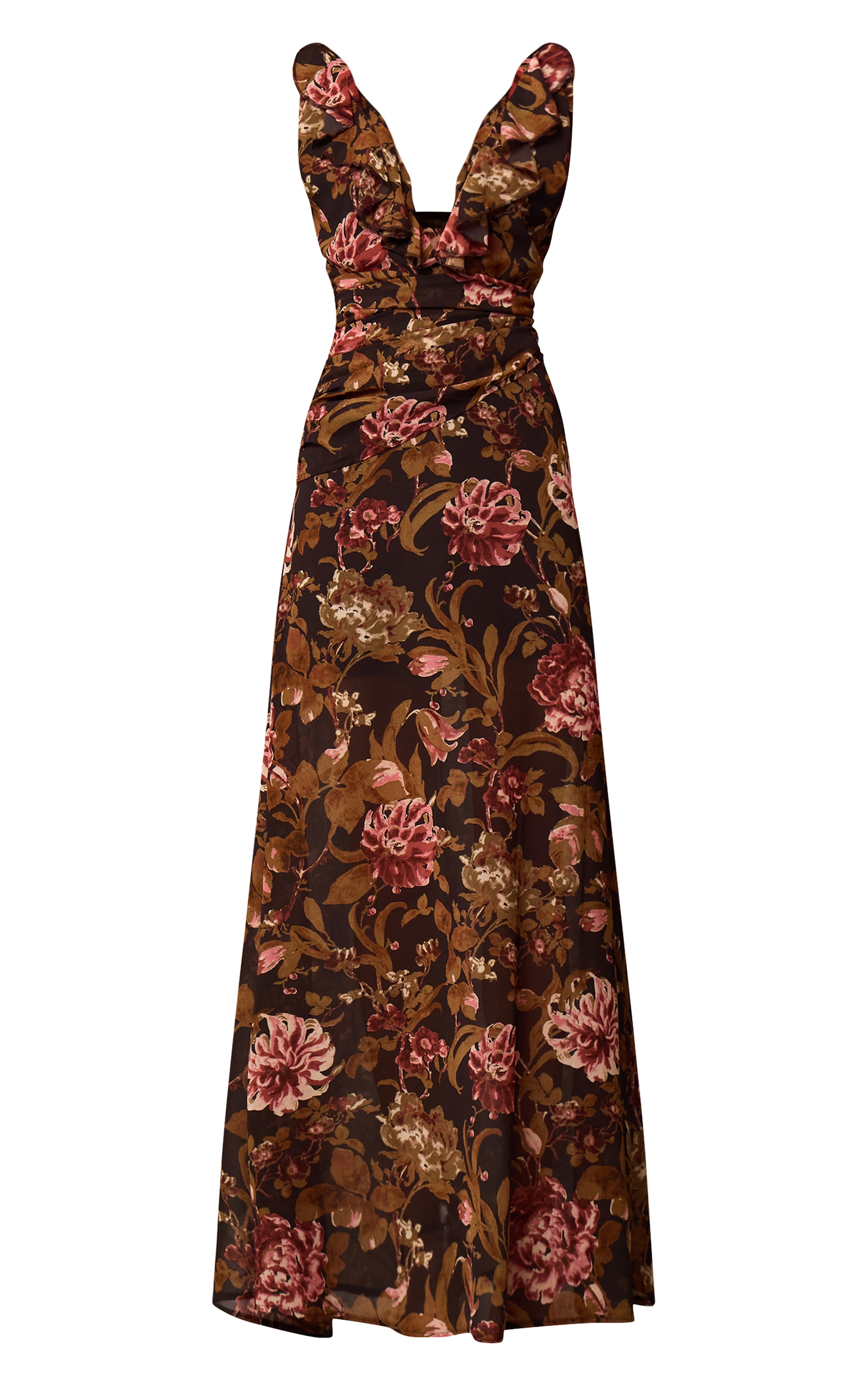 Black Floral Printed Chiffon Ruched Detail Maxi Dress image 5