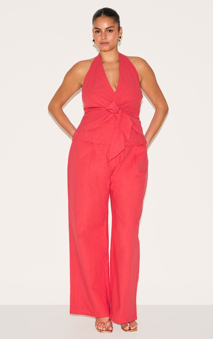 Plus Red Linen Twist Front Halter Neck Top image 3